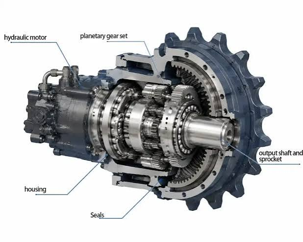 Excavator final drive cutaway showing hydraulic motor and planetary gears
