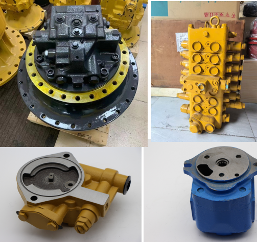 Assorted excavator spare parts including hydraulic motors, valves and pumps